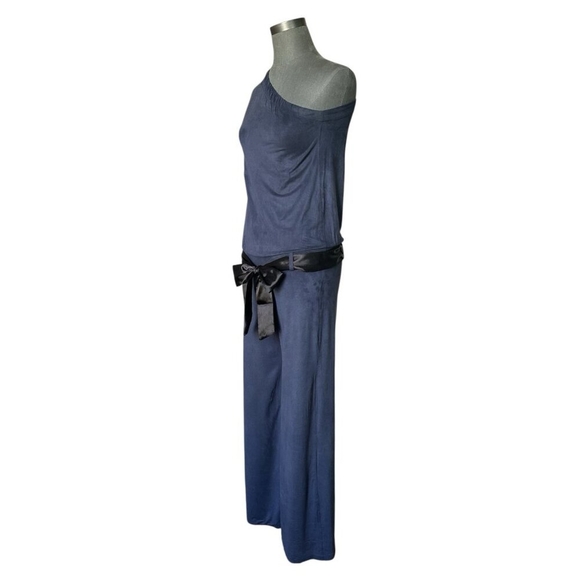 Women’s One Sleeve Velvet Jumpsuit Dark Blue Black Satin Rope Romper Size S - Picture 3 of 4